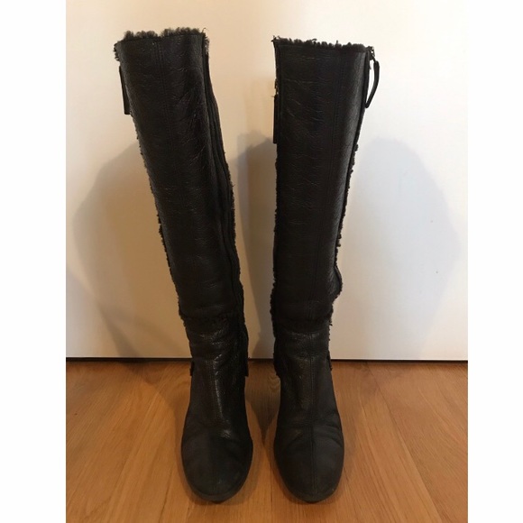 PRADA Black leather platform boots with shearling - Picture 2 of 6